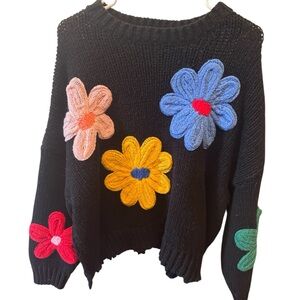 Floral Embellished Black Sweater